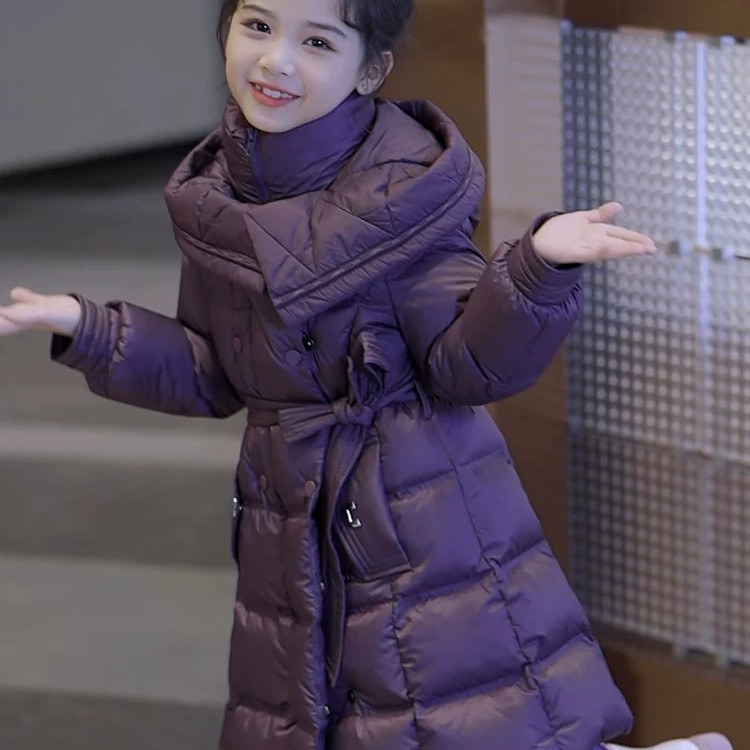 儿童羽绒服2024冬季新款港风中长款连帽收腰女童羽绒外套中大童