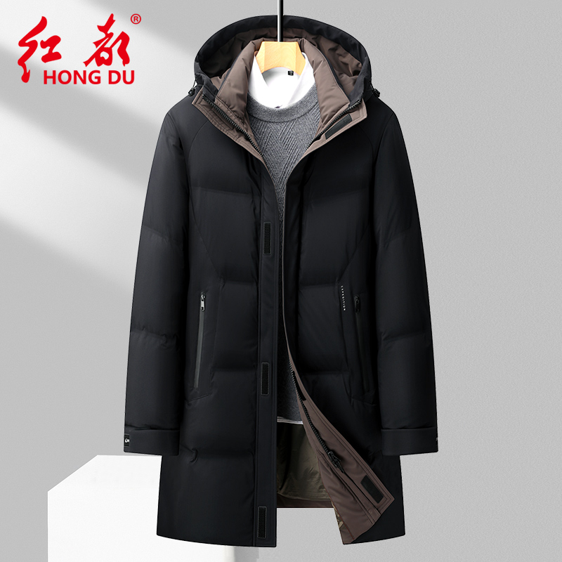 连帽中长款鹅绒服红都冬季厚款男士羽绒服石墨烯里布鹅绒服32850