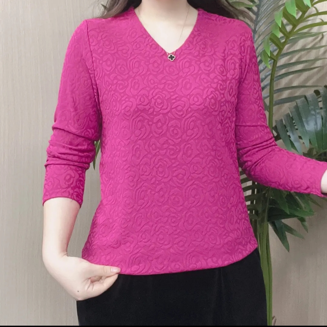 春秋新款气质优雅纯色提花妈妈装上衣长袖小衫宽松显瘦洋气打底衫