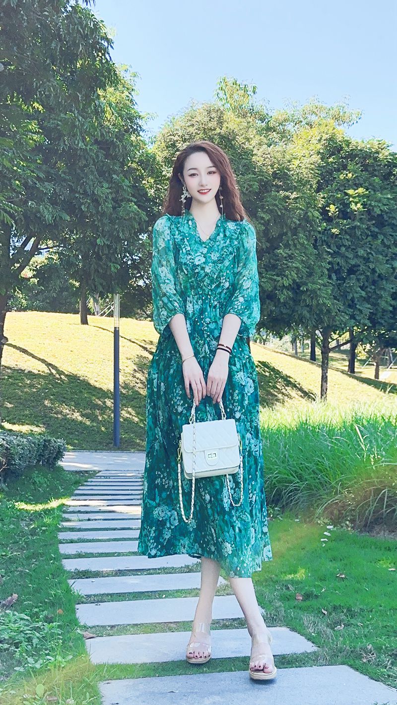 【24109花间令】高端时尚印花桑蚕丝显瘦复古真丝连衣裙长118
