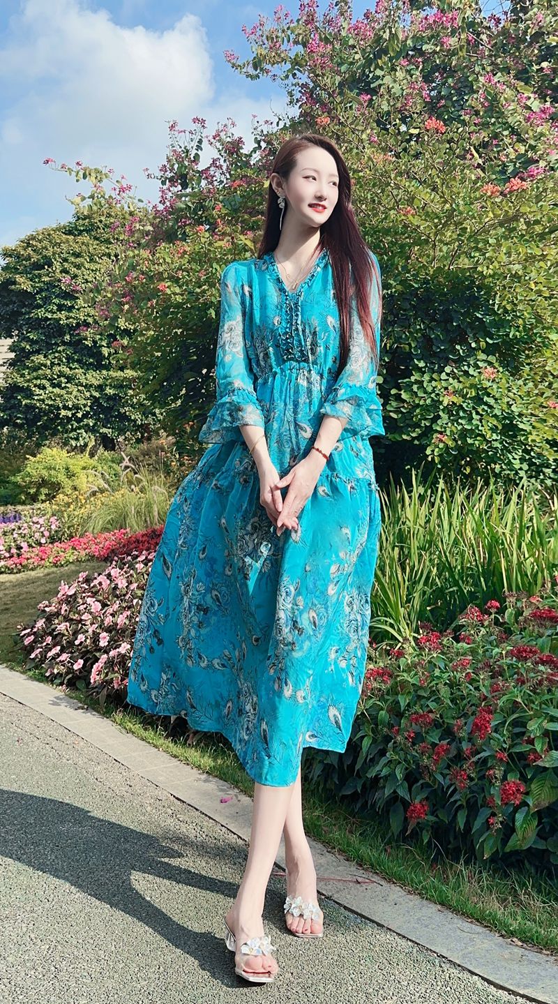 【24087梦笔生花】高定定位印花2024新款时尚气质真丝连衣裙长118