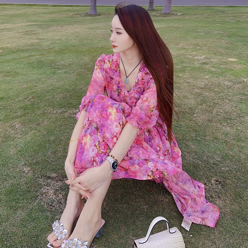 【24030情书】时尚宽松桑蚕丝显瘦复古碎花真丝短款连衣裙气质长118