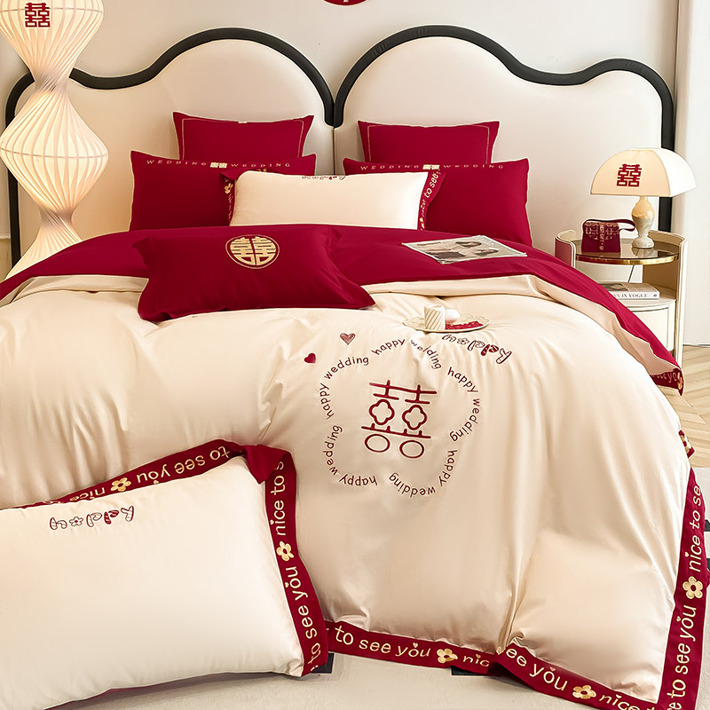水星新款高端婚庆160支长绒棉四件套结婚陪嫁全棉红色床单床笠