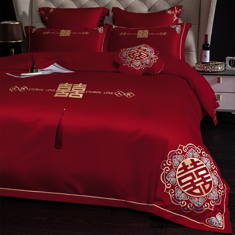 水星甄选新中式A类200支长绒棉结婚四件套婚庆大红色床单全棉喜被