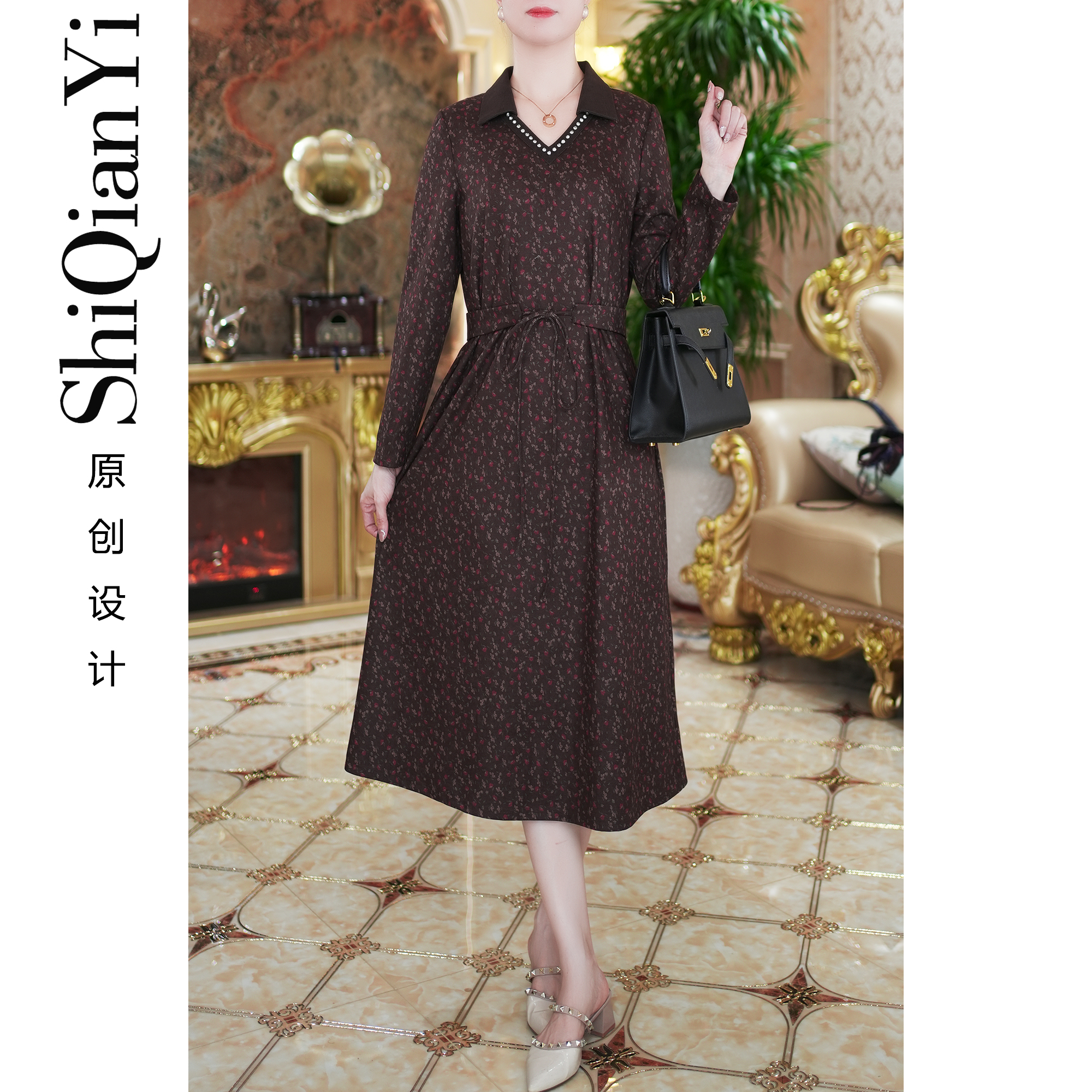 【诗千逸定制-庭前花开】2025秋冬保暖名媛阔太太A1308女装连衣裙