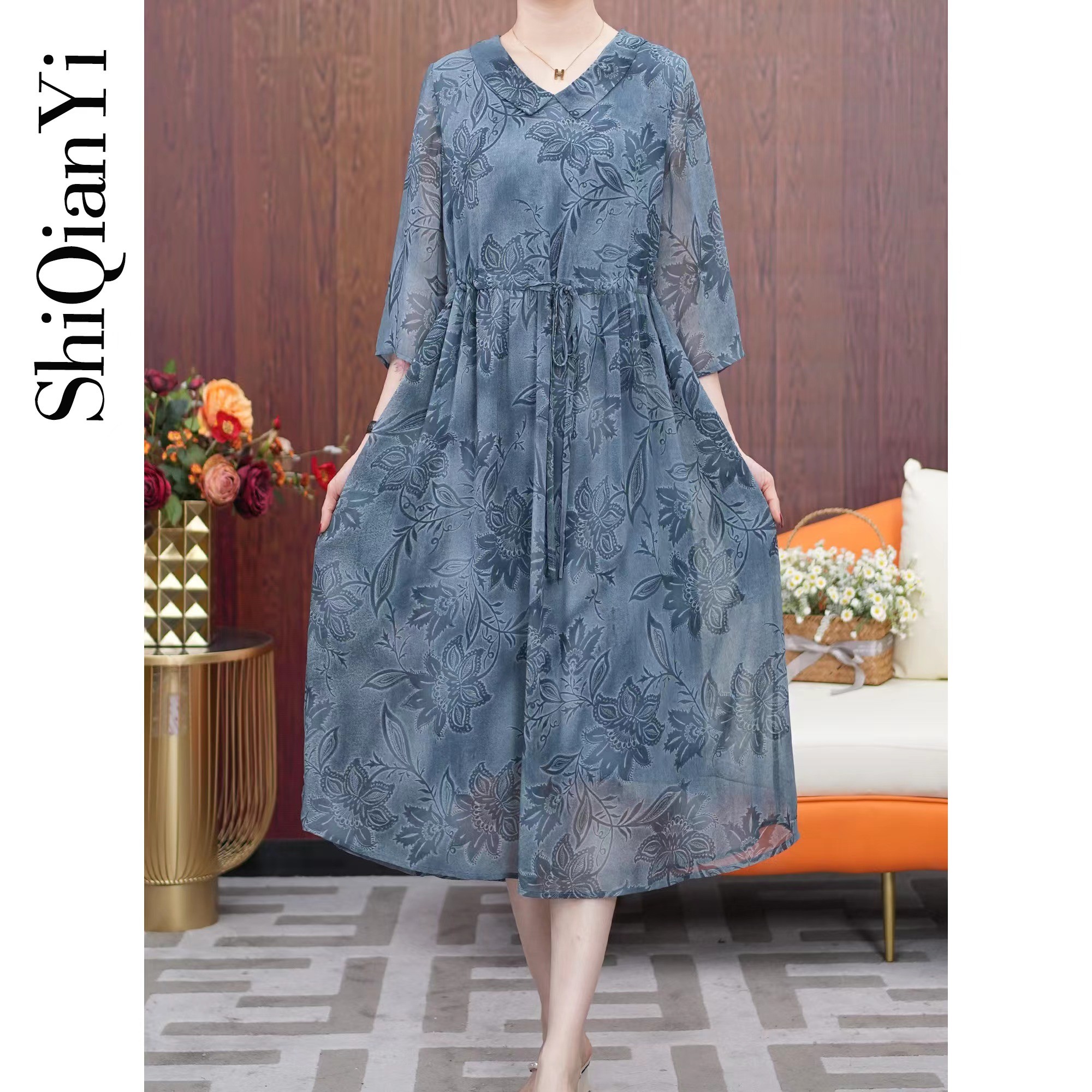 【诗千逸定制】2024早春爆款显瘦优雅贵夫人系带印花连衣裙A1025