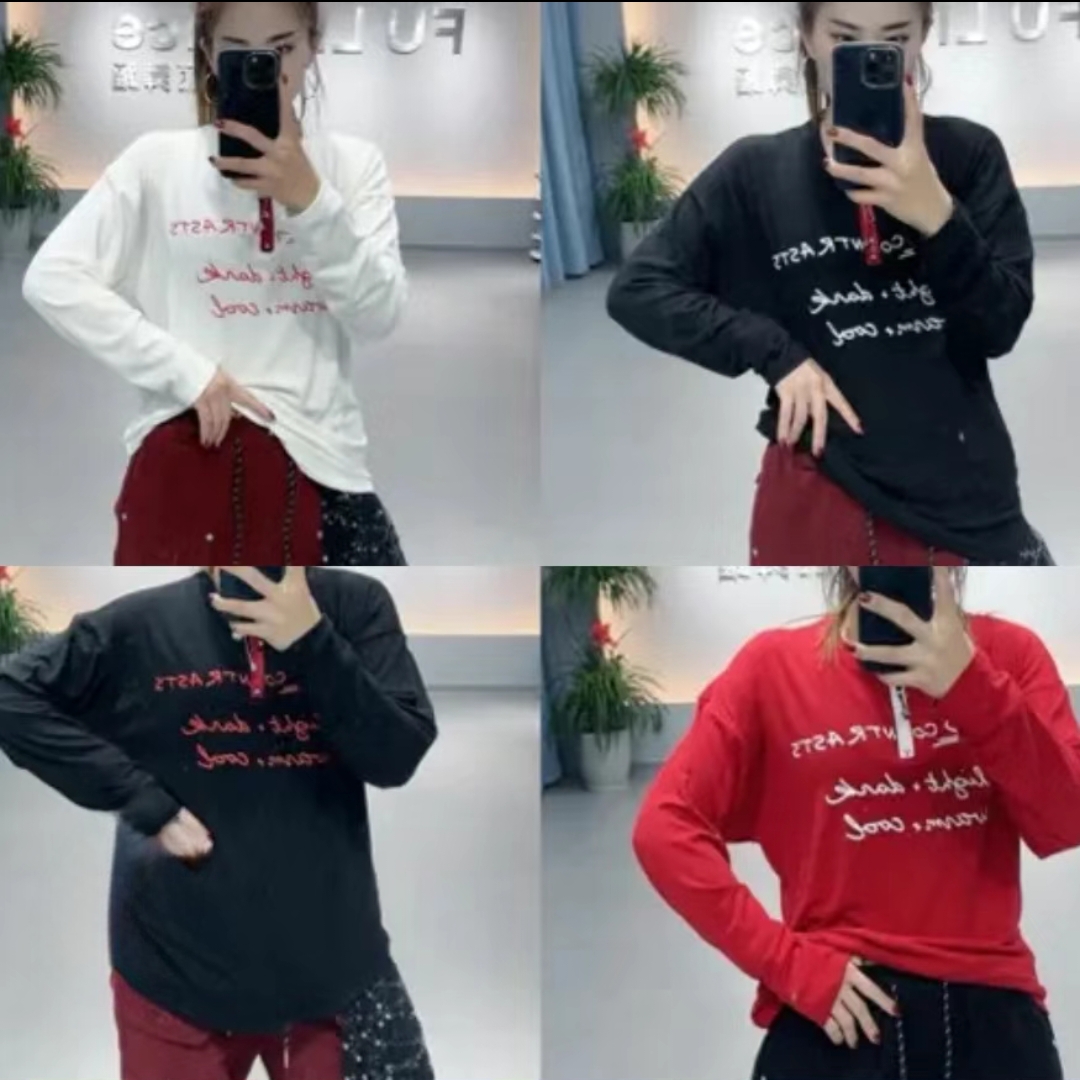 秋冬曳步舞跳舞广场舞高弹字母款半开拉链领长袖T恤3814富丽紫萝