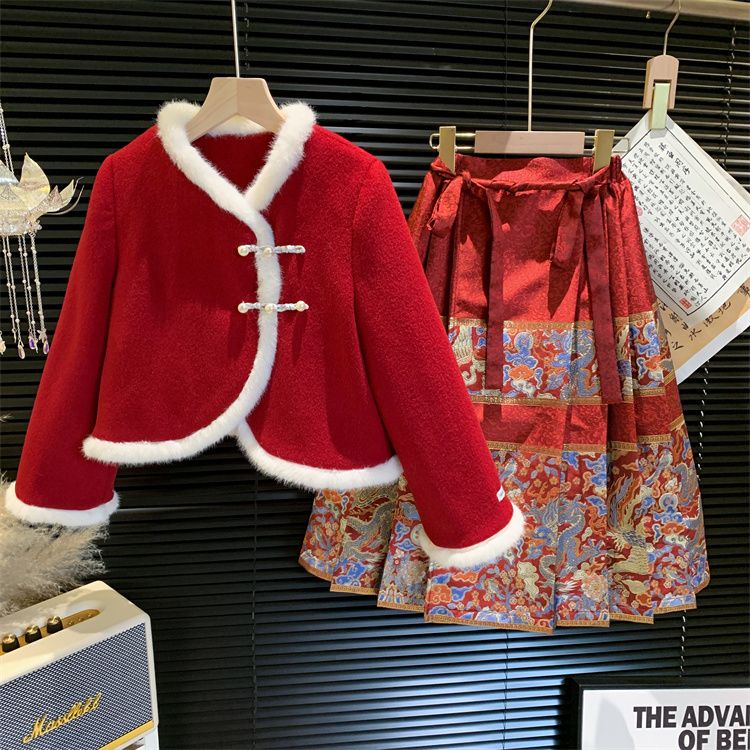 女童汉服加绒儿童中国风宝宝加厚公主过年套装连衣裙拜年冬季唐装