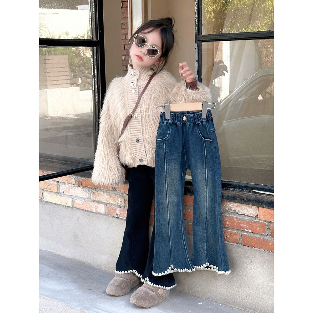 女童牛仔裤加绒一体绒裤子儿童秋装新款洋气女孩喇叭裤休闲裤