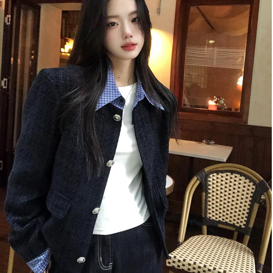 格子拼色小香风短款外套女2025春秋洋气新款时尚高级感气质粗花呢