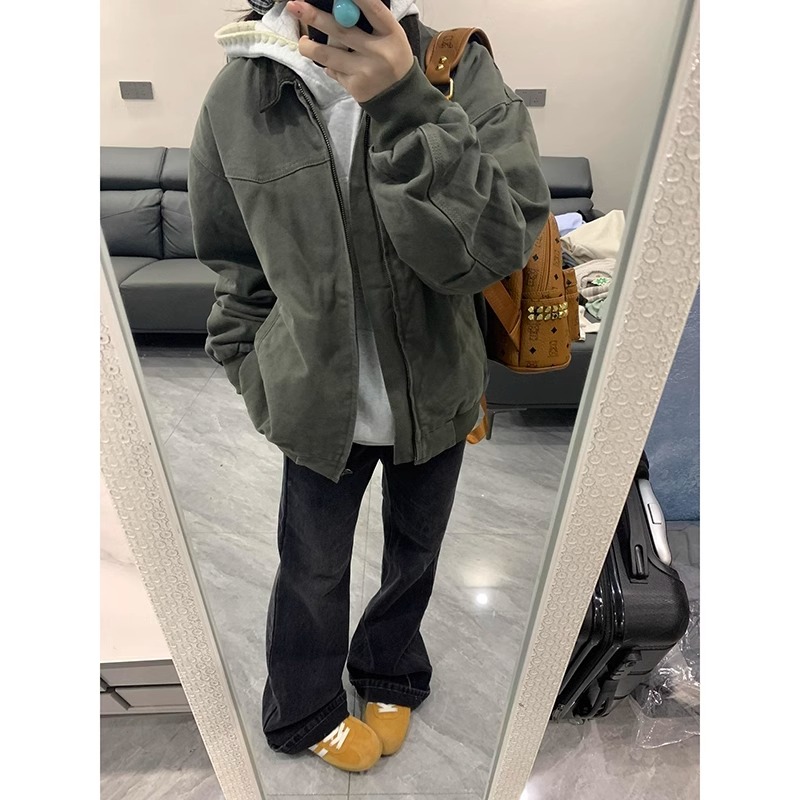 美式cleanfit灰绿色工装夹克男春秋款复古外套高街潮牌翻领棒球服