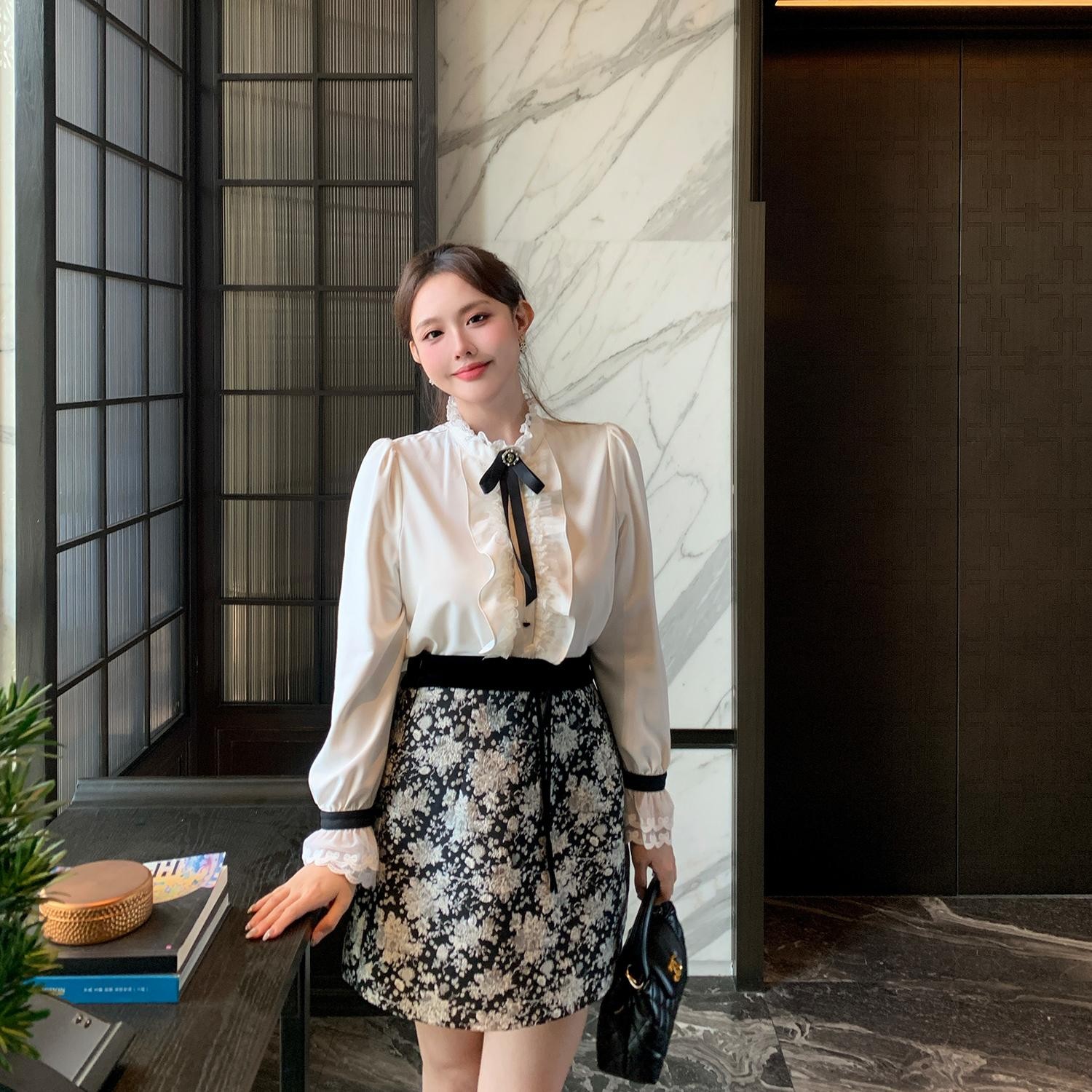 MB大码女装【午后茶花会】2025秋冬千金风法式缎面衬衫高腰提花半裙