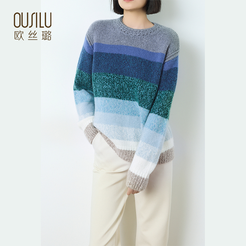 14113欧丝璐24秋冬新款100%纯山羊绒渐变拼色圆领宽松套头女衫