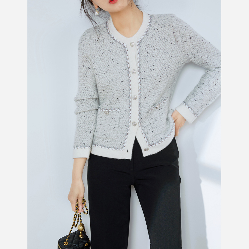 【钱老板粉丝专享】13015欧丝璐纯山羊绒偏厚修身小香风撞色开衫