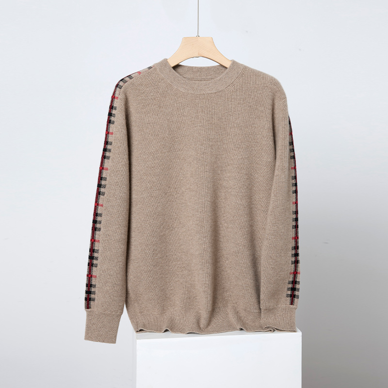 23005欧丝璐秋冬新款纯山羊绒圆领套头宽松简约拼色打底男衫毛衣