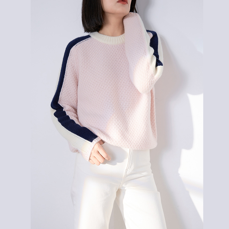 13051欧丝璐秋冬新款纯山羊绒圆领套头拼色加厚宽松女衫毛衣