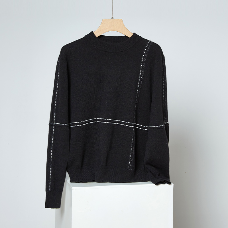 22010欧丝璐22秋冬新款100%纯山羊绒打底圆领套头条纹简约男衫