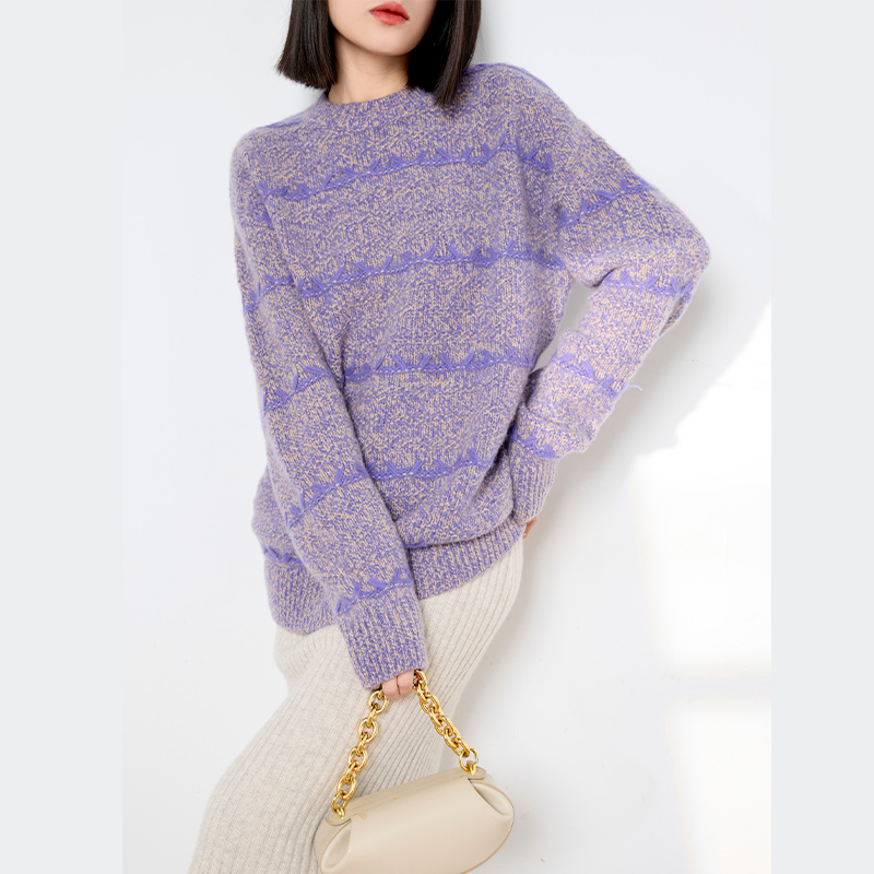 13156欧丝璐秋冬新款100纯山羊绒圆领套头宽松加厚夹花拼色女衫