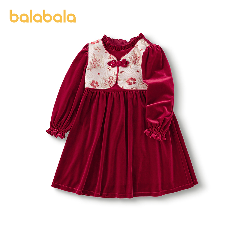 【国博-粉彩镂空转心瓶联名】巴拉巴拉女童装连衣裙子丝绒2025春