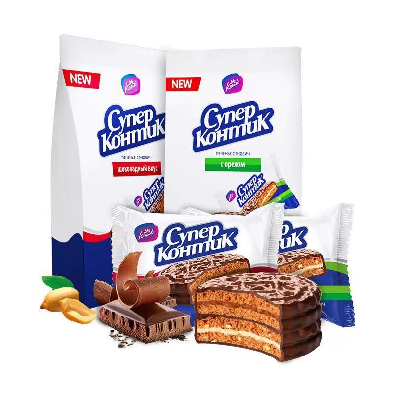 俄罗斯罗尼KONTI花生榛子味三明治饼干/巧克力味三明治饼干