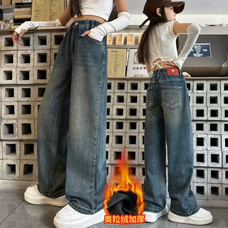 女童裤子秋冬牛仔裤2025冬季新款中大儿童加绒加厚宽松直筒阔腿裤
