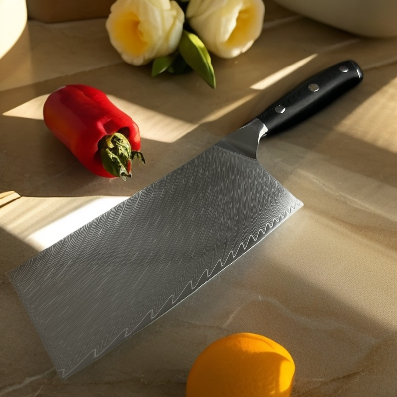 黑色G10手柄带马赛克花钉67层大马士革羽毛纹切片刀