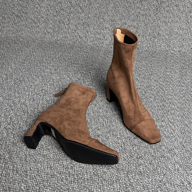 露涵思法式气质贫瘠韩系小踝靴方头高跟弹力瘦瘦靴入秋洋气小短靴