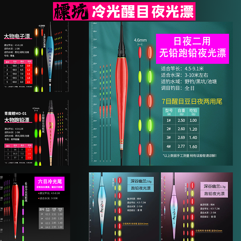 黑坑无铅跑铅夜光漂青鱼草鱼大物大吃铅冷光无影尾浮漂日夜两用