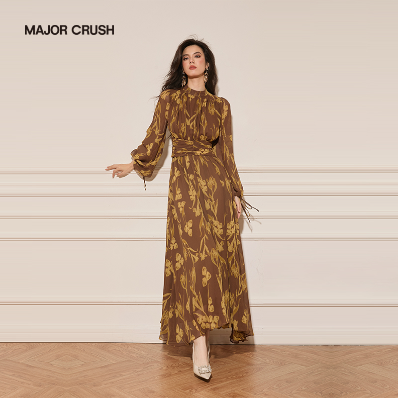 MAJOR CRUSH新款轻盈飘逸罗马假日女装连衣裙复古优雅印花6383