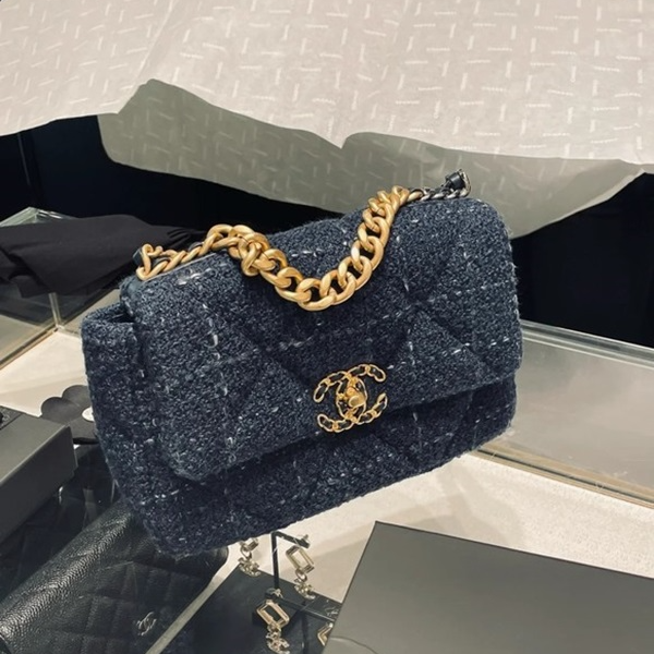 99新 Chanel/香奈儿 外 小花柳 19bag 毛呢 蓝色 小号 芯片开