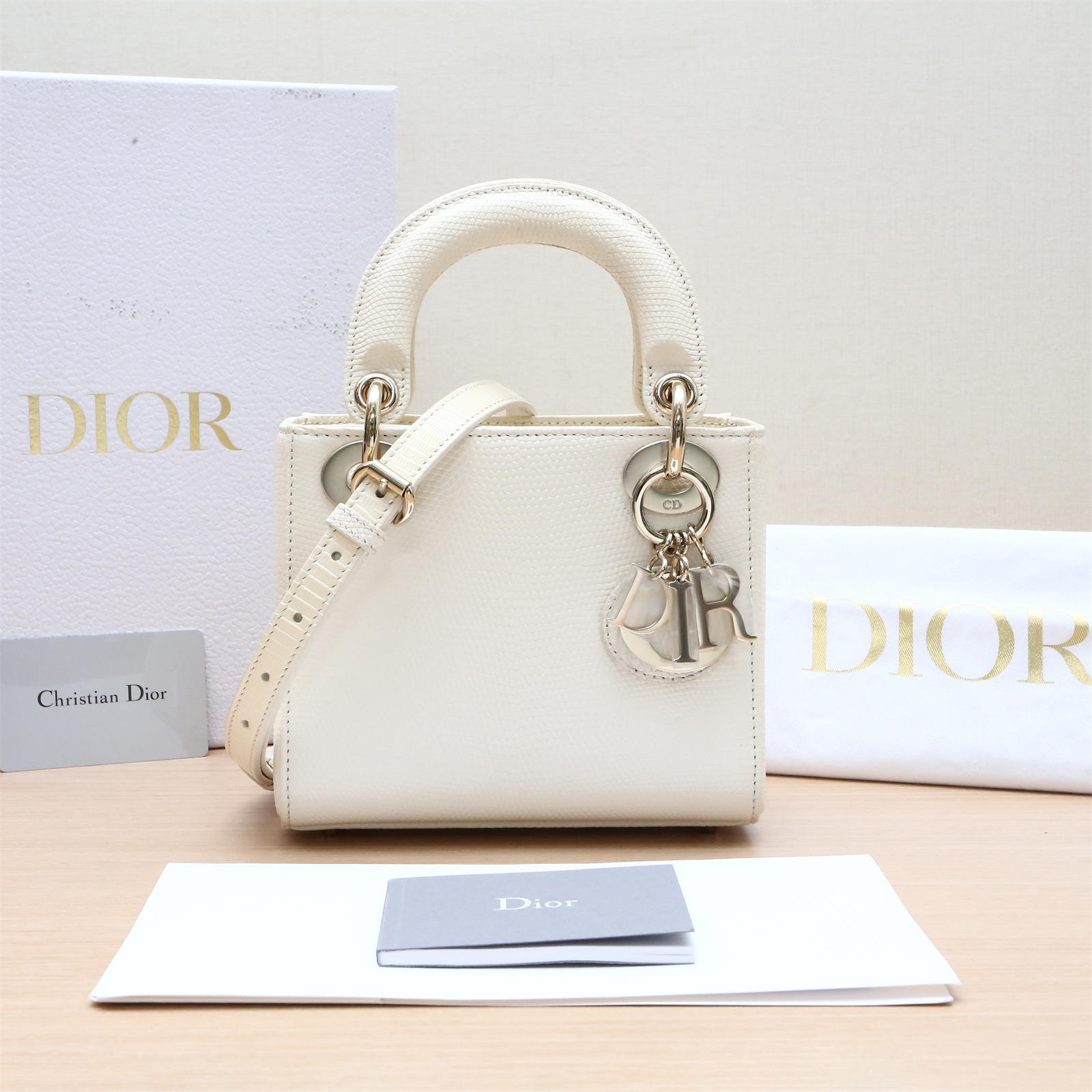 99新  小花Jerry P253185186 LADY DIOR 三格戴妃包 白色 蜥蜴皮