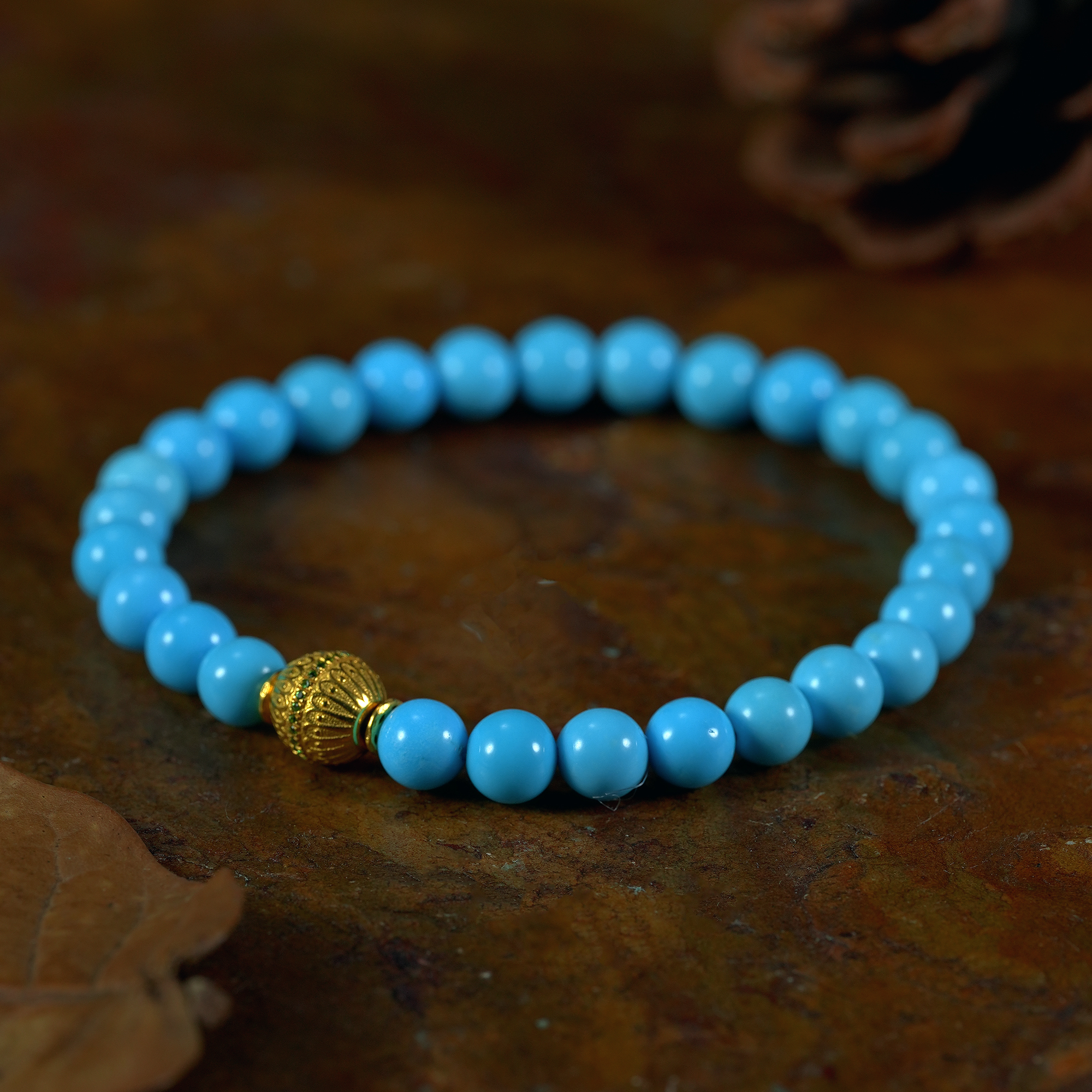 【婧婧精选】睡美人绿松石圆珠手串单圈 18K金美松手串