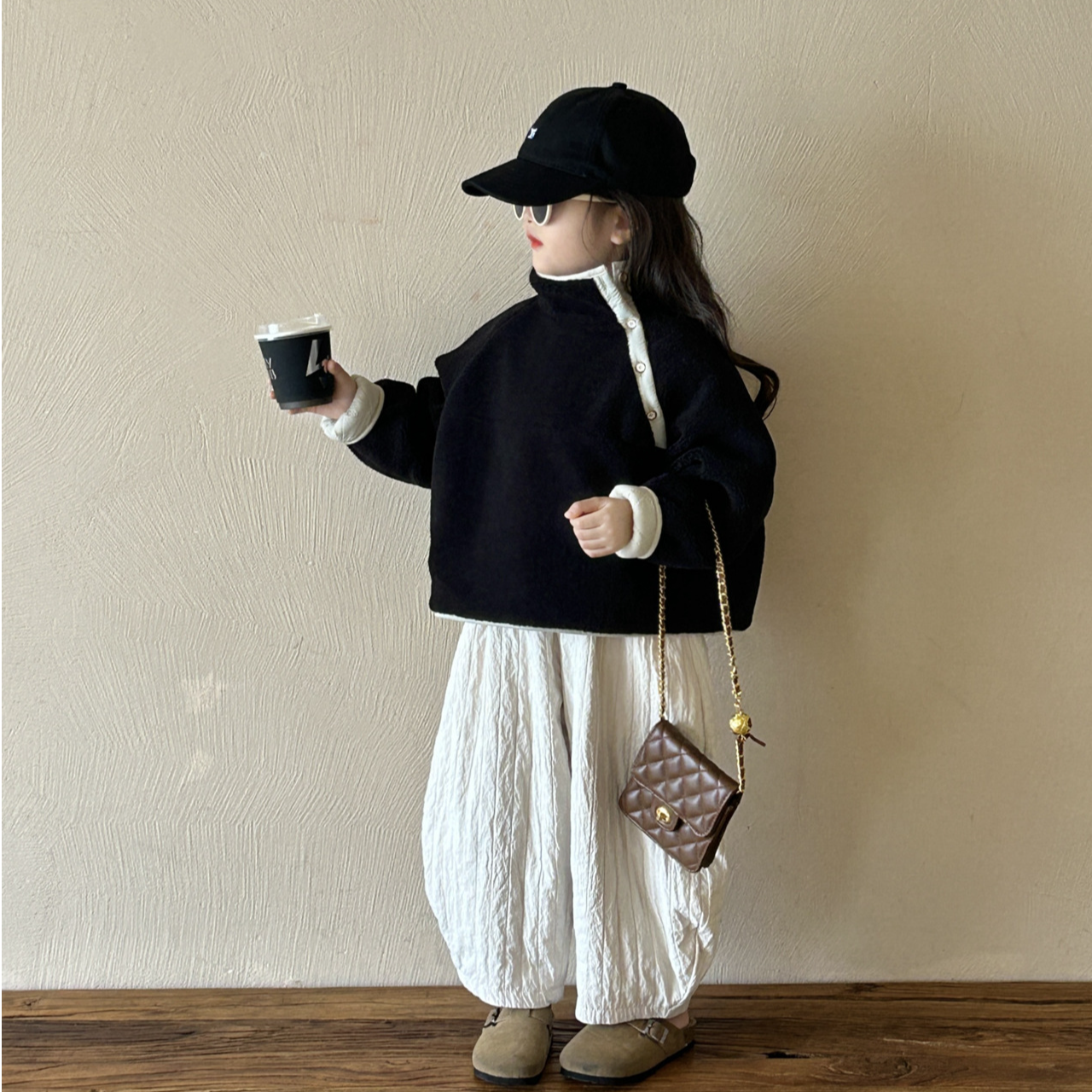 空空子.Studio【黑白协奏】女童夹棉毛绒外套宝秋冬上衣加绒裤套装