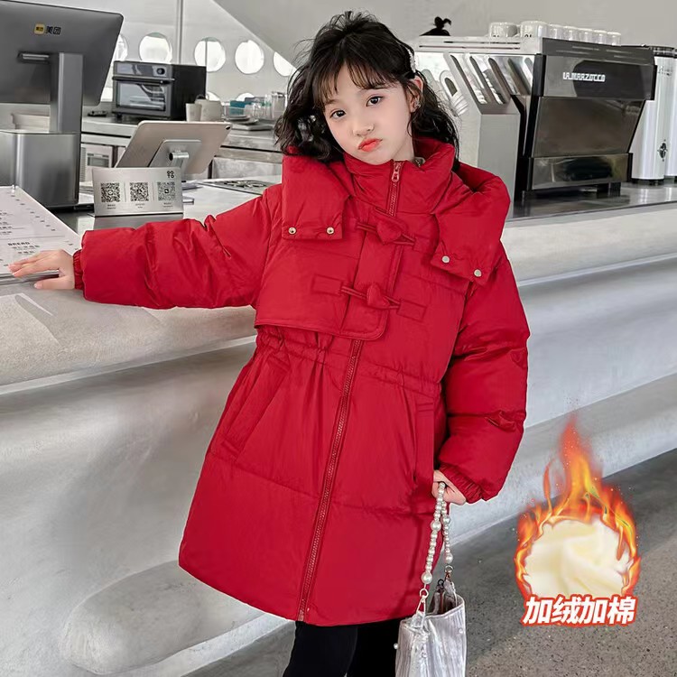 《丫丫童装》2023年新款红色过年战袍棉服中大童棉内胆秋冬韩版上衣