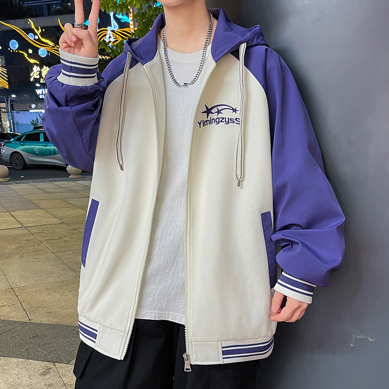 青少年秋季新款休闲拼色外套男百搭连帽宽松学生潮流帅气韩版