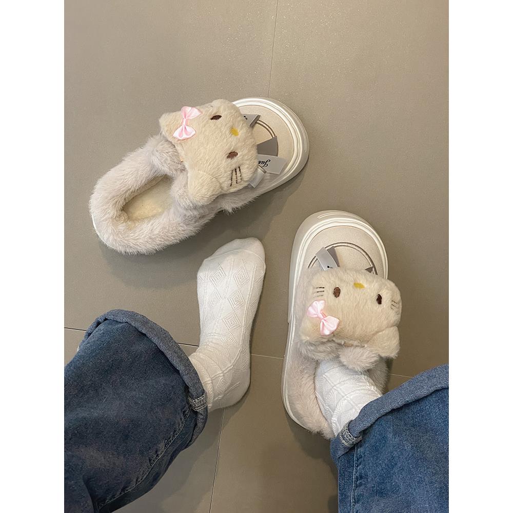 红蜻蜓牌可爱毛毛雪地靴女冬加绒加厚2023年新款短筒kitty厚底面