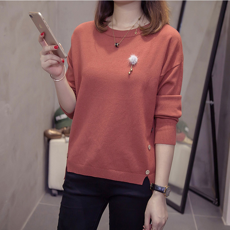 新款女装宽松显瘦圆领纯色长袖针织衫毛衣遮肉秋冬大码打底衫上衣