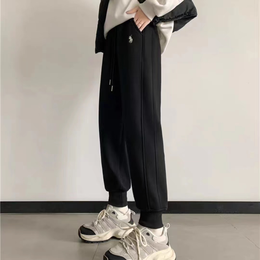 冬季新款棉质加绒加厚百搭小马束脚腰部松紧抽绳休闲卫裤