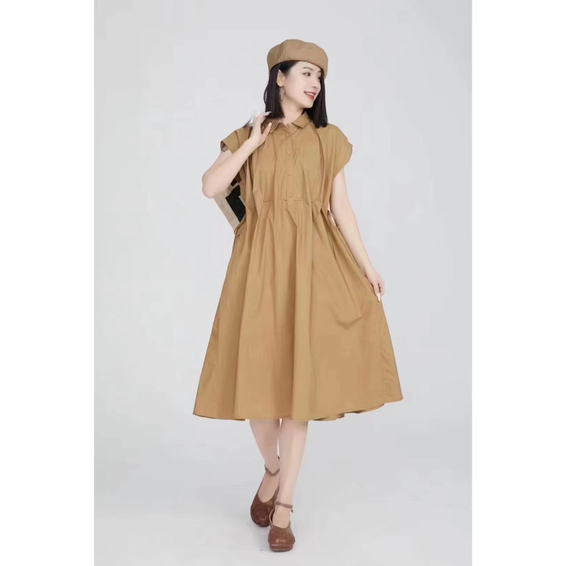 2024夏季新款甜美减龄包肩袖腰间可抽绳设计女中长款连衣裙