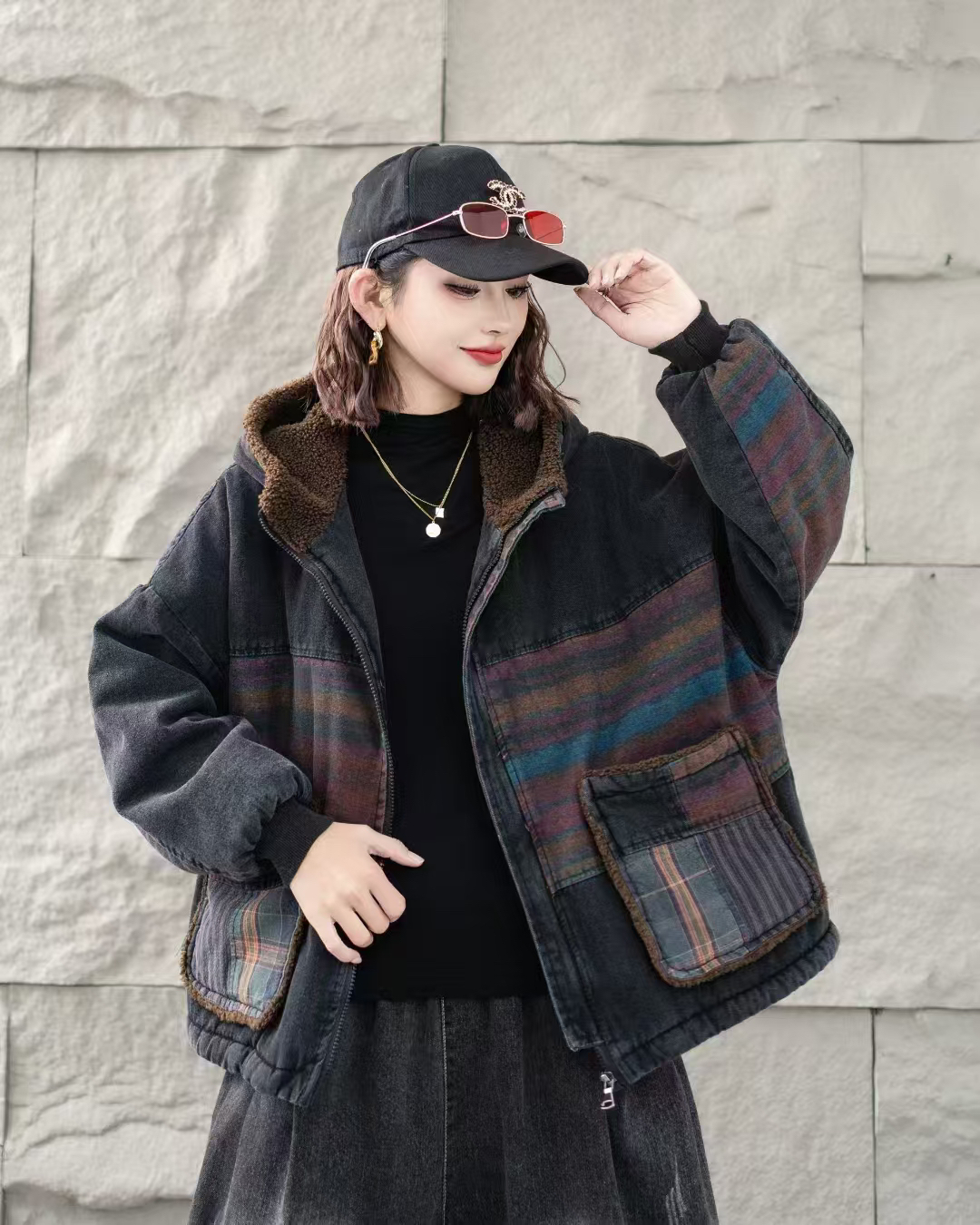 加绒加厚复古印花牛仔棉衣外套女冬季宽松休闲短款