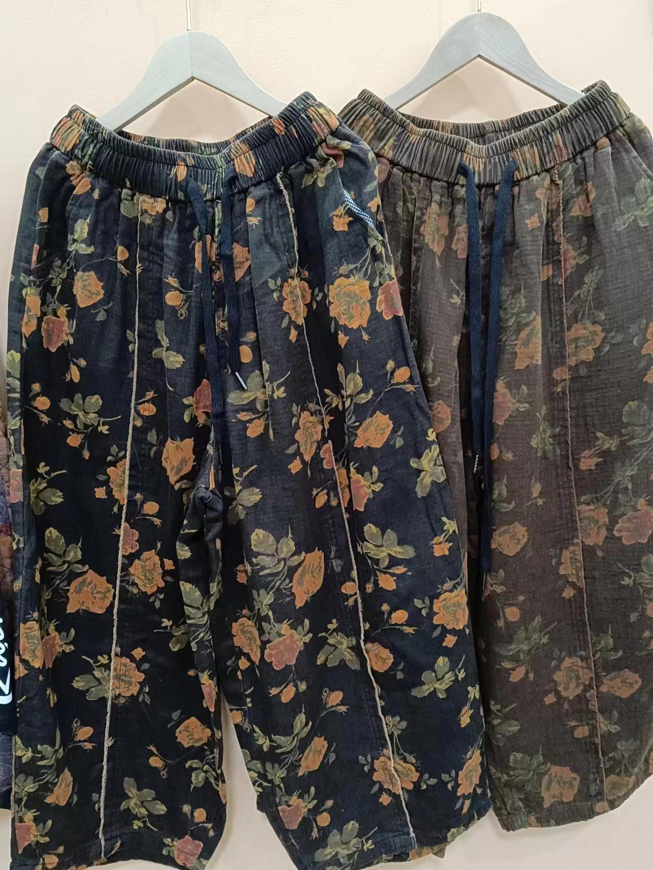 棉麻松紧腰做旧花色印花潮流休闲长裤宽松时尚