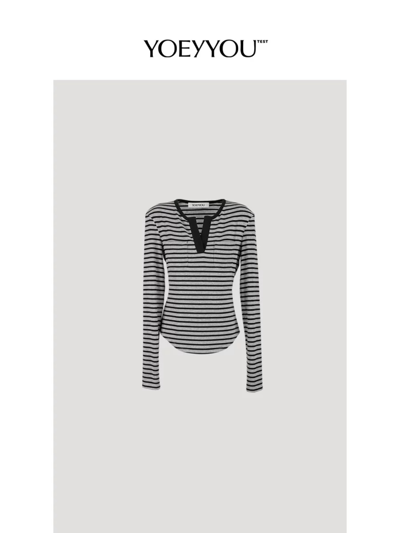 YOEYYOU圆领针织长袖上衣24早春新品设计师款灰黑条纹撞色宽松T恤