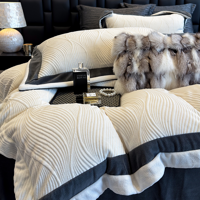 立体浮雕花绒【布拉格】轻奢简约/280g双面加厚保暖/双拼撞色四件套