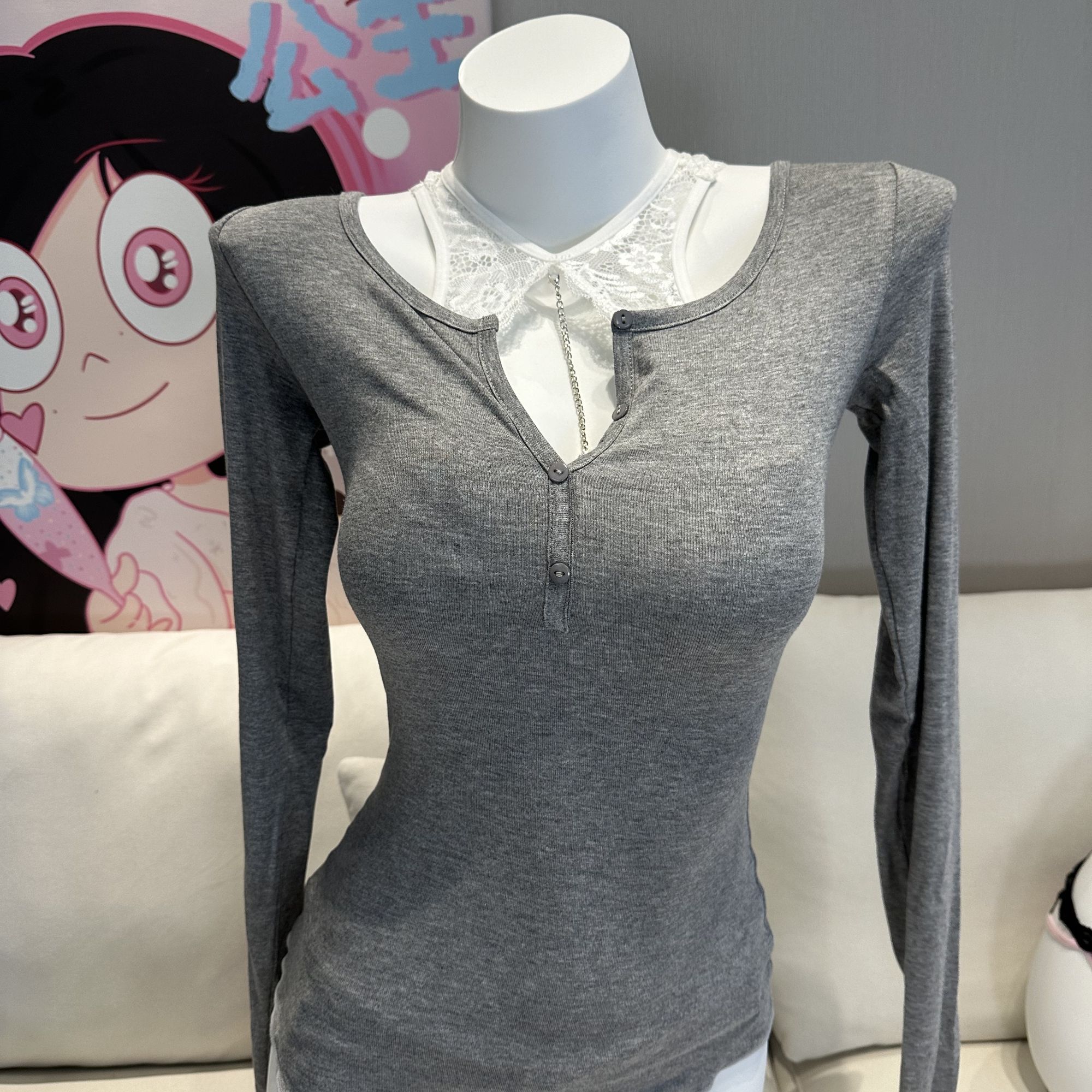 fussyy【灰色纯欲】100%cotton弹力百搭纯欲打底衫YF005H