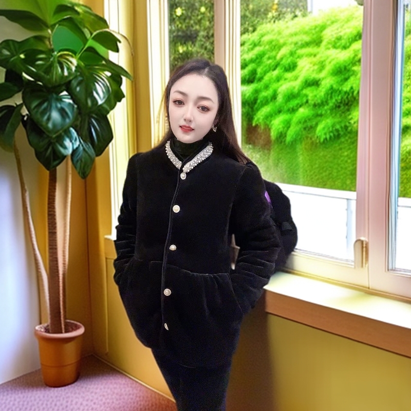 新款珍珠领洋气黑色小香风休闲套装家居服外穿套装三层加厚女女款