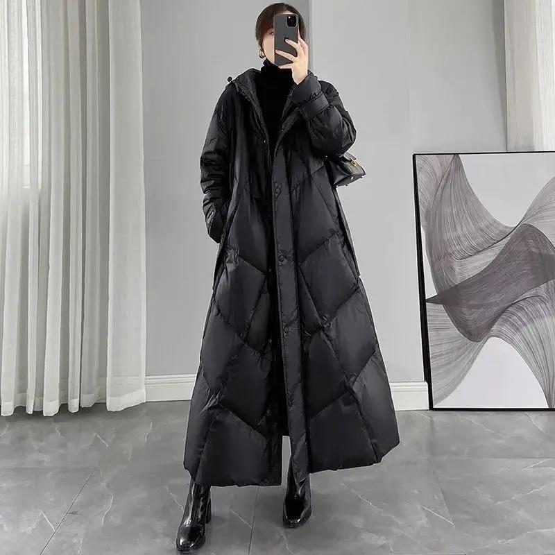 艾莱依秋冬23新款羽绒服女装冬季宽松超长款黑色连帽过膝白鸭绒加
