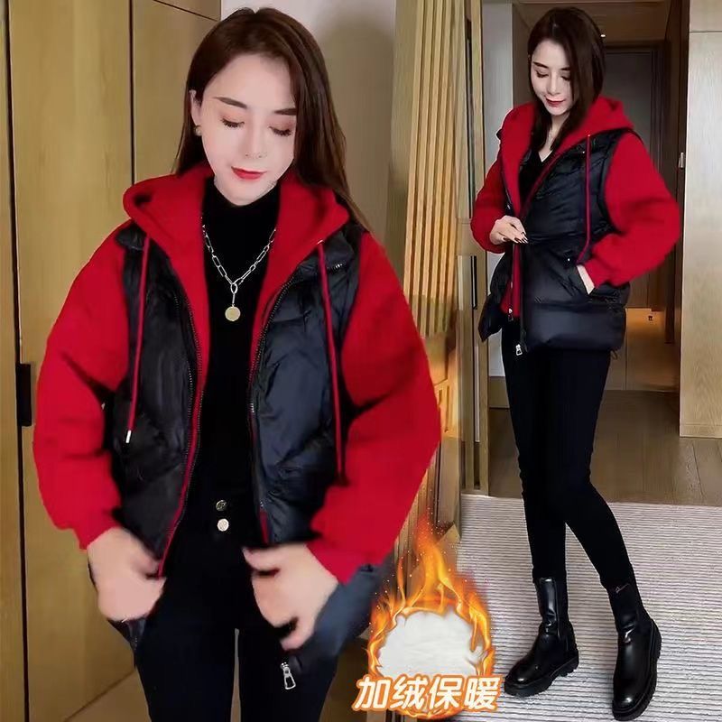 艾莱依拼接休闲羽绒服女短款2023新款宽松假两件棉衣连帽洋气棉袄