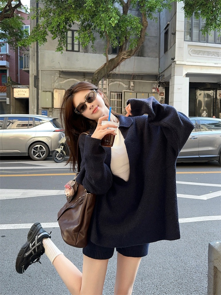 运费补贴#8161慵懒风套装女小众套头毛衣外套秋冬针织短裤两件套