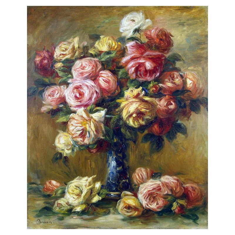 DMC棉线十字绣 花卉雷诺阿油画瓶插玫瑰花