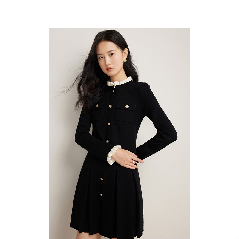 Goodland美地女装秋冬新款小香风羊毛混纺显瘦连衣裙LC34106047